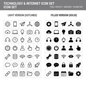 Technology and internet icon set with light outlined and filled solid versi.. Stock Illustration