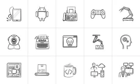 Technology and machines hand drawn outline doodle icon set. Stock Illustration
