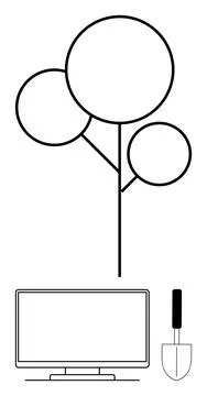 Technology and Nature Integration Tree, Computer Monitor, and Gardening Tro.. Stock Illustration