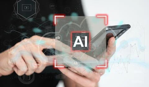 Technology and people concept man use AI to help work, AI Learning and 写真素材