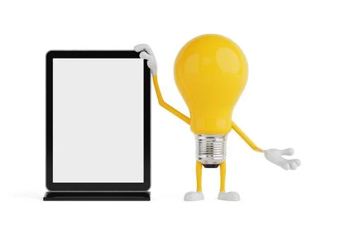 Technology And Presentation Concept. Yellow Cartoon Light Bulb Character St.. Stock Illustration