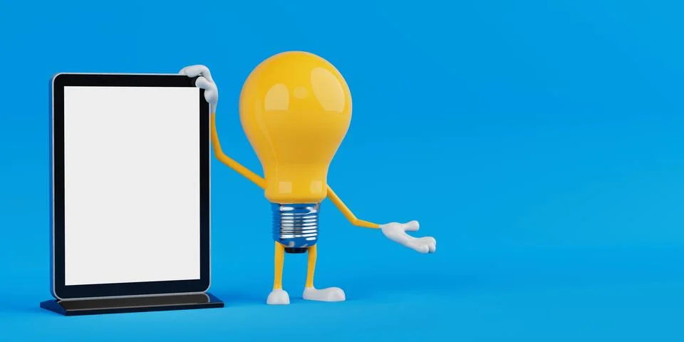 Technology And Presentation Concept. Yellow Cartoon Light Bulb Character St.. Illustrazione stock