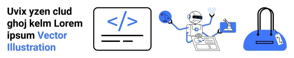 Technology and Programming Concepts Robot Coding, Laptop, and Digital Walle.. Stock Illustration