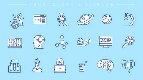 Technology and Science concept line style vector icons set. 스톡 일러스트