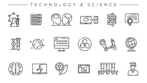 Technology and Science concept line style vector icons set. Illustrazione stock
