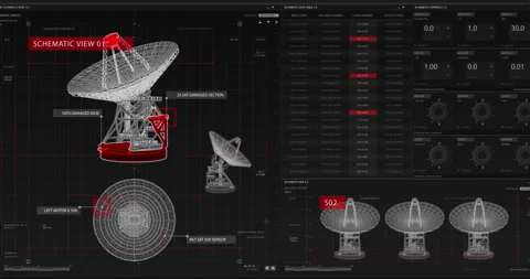 Technology animated background. Telecommunications satellite flying blueprint Stock Footage 194271946