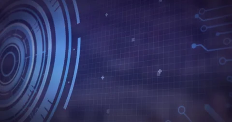 Technology animation with digital interface elements and grid pattern on blue Stock Footage 305221869