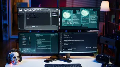 Technology in apartment used for deploying DDOS attacks scripts, close up Stock Photos
