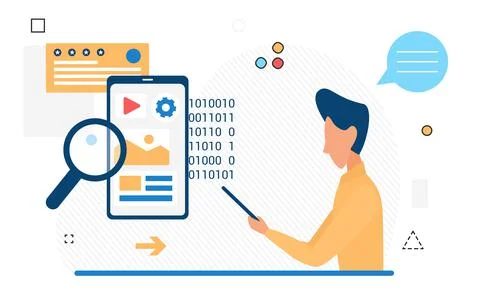 Technology app development, creation of mobile operating systems. Illustrazione stock