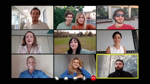 Technology, app - man talks in video call to his friends connected remotely Stock Footage 153620890