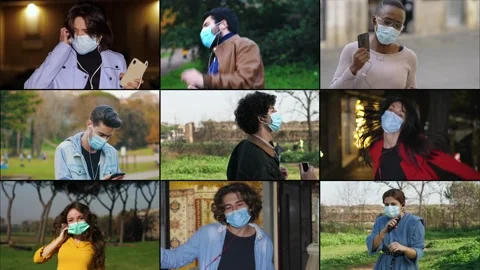 Technology, app -young people listen to music on mobile and dance with mask Stock Footage 144997129