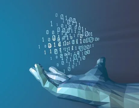 Technology artificial intelligence, palm and binary matrix Illustrazione stock