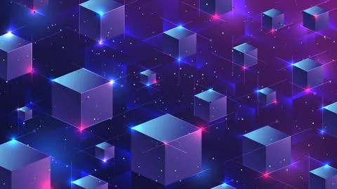 Technology Background with 3D Isometric Cubes in Digital Space and Neon Pur.. Stock Illustration