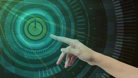 Technology Background. Ai and Hands human touching on global virtual network Illustrazione stock