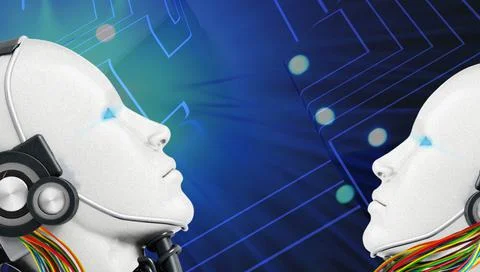 Technology Background. Ai Robot and Artificial intelligence with virtual hanging Stock Illustration