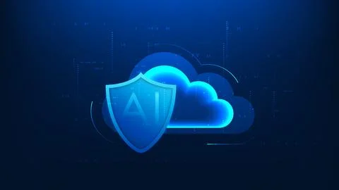 Technology background  AI shield in the foreground, representing private cl.. Illustrazione stock