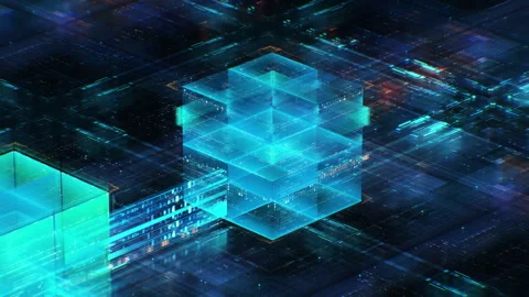 Technology Background of Blockchain in Data Server and Artificial Intelligence Stock Footage 343404408
