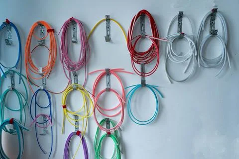 Technology background cable wire plastic industrial equipment connection blue Foto stock