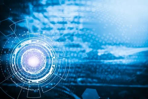 Technology background from circle icons with lines connection symbol on blue Stock Photos