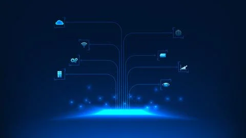 Technology background circuit lines connect to software application icons, .. 库存插图