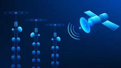 Technology background communication tower receiving signals from satellites.. Ilustração Stock