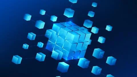 Technology background connect block structures linked by digital lines, rep.. 库存插图