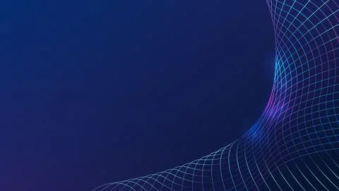 Technology background curved digital wireframe grid with neon blue and purp.. 库存插图