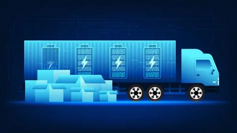 Technology background delivery truck powered by battery energy and AI-drive.. Ilustração Stock