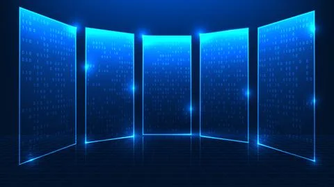 Technology background digital screen with running code and data streams, re.. Stock Illustration