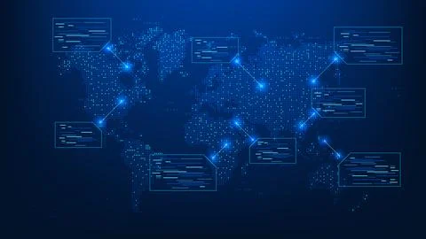 Technology background digital world map with data callout boxes and line no.. Ilustração Stock