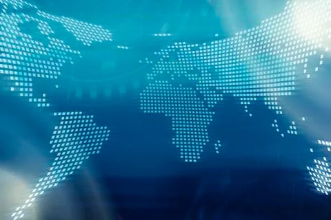 Technology background. Digital world map with technology icons on blurred blu Stock Photos