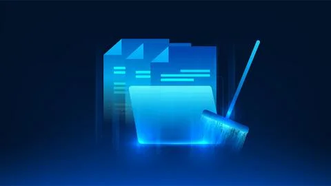 Technology background document files inside a folder with a broom in the fo.. Stock Illustration