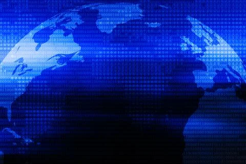 Technology background, double exposure of closeup earth with digital number o Stock Photos