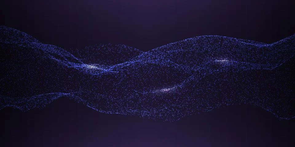 Technology background with dynamic wave. Glowing blue particles on dark backdrop Stockillustratie