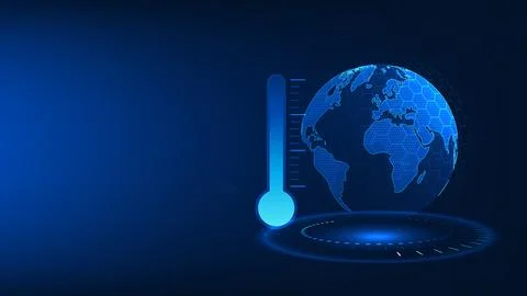 Technology background Earth with a thermometer indicating rising temperatur.. Stock Illustration