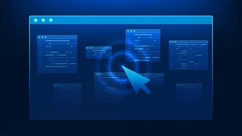 Technology background featuring a digital screen with code interface and cu.. Stock Illustration