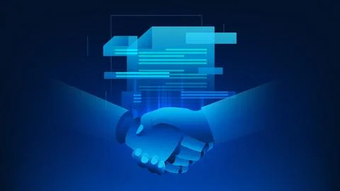 Technology background featuring a handshake between a human and a robot wit.. Stockillustratie