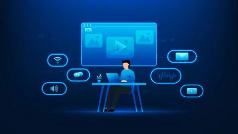 Technology background featuring a man live streaming digital icons for live.. 스톡 일러스트
