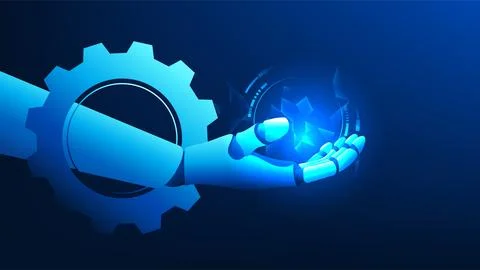 Technology background featuring a robotic hand emerging from a gear, repres.. Illustrazione stock