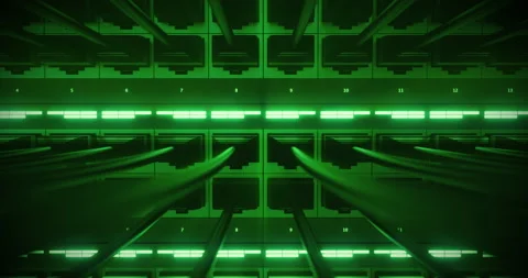 Technology background featuring router ports and blinking network LEDs. Stock Footage 325837818