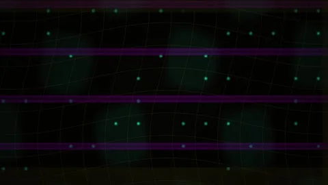 Technology Background with Glowing Green Dots and Purple Lines on a Waving Gr Stock Footage 343769702