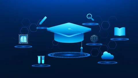 Technology background graduation cap surrounded by digital education icons .. 库存插图