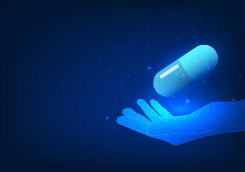 Technology background with a hand holding a pill, symbolizing modern medica.. Stockillustratie