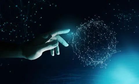 Technology background with hand touching connected dots and lines. 3D render. Stock Illustration