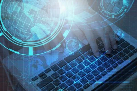 Technology Background of Hand use Notebook computer with Earth globe, Double  Stock Photos