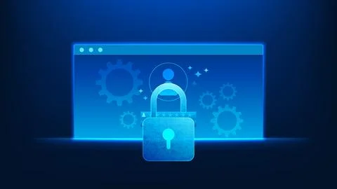 Technology background login interface with a secure lock in the foreground,.. Stock Illustration