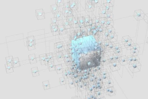 Technology background make up with cubes and lines, 3d rendering. Illustrazione stock