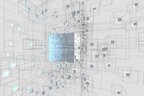 Technology background make up with cubes and lines, 3d rendering. Illustrazione stock