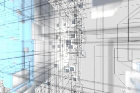 Technology background make up with cubes and lines, 3d rendering. Illustrazione stock
