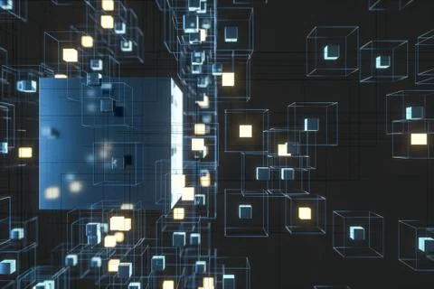 Technology background make up with cubes and lines, 3d rendering. Illustrazione stock